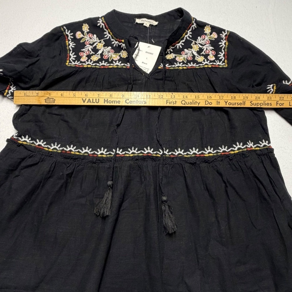 Rebellion Again Peasant Blouse Black Embroidered Cotton Boho Top Womens L NEW - Picture 10 of 11